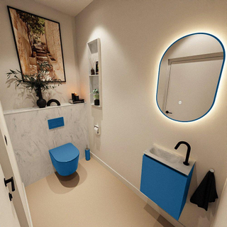 MONDIAZ TURE-DLUX Meuble toilette - 40cm - Jeans - EDEN - vasque Opalo - position gauche - 1 trou de robinet