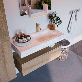 Mondiaz ALAN-DLUX Ensemble de meuble - 100cm - meuble Washed Oak mat - 1 tiroir - Lavabo Cloud Ostra suspendu - vasque Droite - 1 trou de robinet