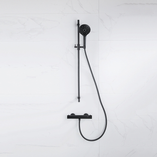 FortiFura Calvi Ensemble de douche barre curseur avec douchette ronde, flexible lisse et robinet de douche Noir mat