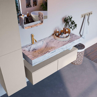 Mondiaz ALAN-DLUX Ensemble de meuble - 120cm - meuble Linen mat - 2 tiroirs - Lavabo Cloud Glace suspendu - vasque Gauche - 1 trou de robinet