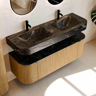 MONDIAZ THOR-DLUX Meuble de salle de bains 140cm arrondi gauche + droite couleur Oak avec 1 tiroir et 2 portes. Vasque suspendue CLOUD Double 2 trous de robinet couleur Lava.