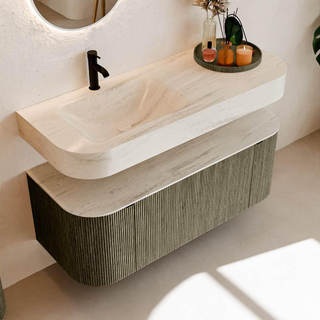 MONDIAZ THOR-DLUX 120cm meuble de salle de bains arrondi gauche + droite couleur Shadow avec 1 tiroir et 2 portes. Vasque suspendue CLOUD gauche 1 trou de robinet couleur Meli.