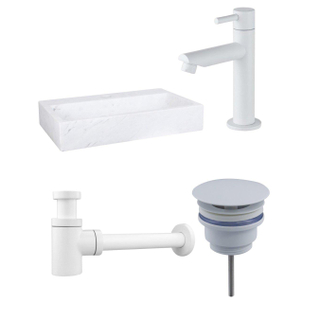 FugaFlow Eccelente Pietra ensemble lavabo - 38x24x8cm - 1 trou de robinet - marbre - robinet de lavabo blanc mat - blanc