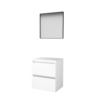 Basic-Line ensemble de meubles de salle de bain 60x46cm sans poignées 2 tiroirs plan vasque miroir noir mat cadre aluminium tout autour mdf laqué blanc glacier