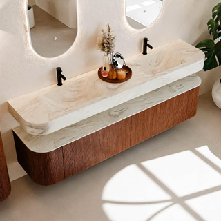 MONDIAZ THOR-DLUX 200cm meuble de salle de bains arrondi gauche + droite couleur Ruby avec 2 tiroirs et 2 portes. Vasque suspendue CLOUD Double 2 trous de robinet couleur Ostra.