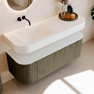 MONDIAZ THOR Meuble de salle de bains 130cm arrondi gauche + droite couleur Shadow avec 1 tiroir et 2 portes. Vasque suspendue CLOUD Gauche sans trou de robinet couleur Talc.