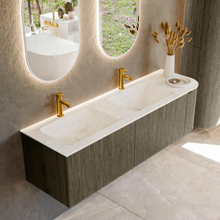 Mondiaz KURVE-DLUX Ensemble de meuble salle de bain - 155x46x40cm - 2 tiroirs - 1 porte - lavabo en solid surface - double / gauche - 2 trous de robinet - Shadow