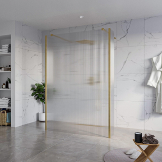 FugaFlow Eccelente Vetro Vrijstaande inloopdouche badkamer - 140x200cm - Helder geribbeld - antikalk - 8mm veiligheidsglas - 2 zijwanden 40cm - met wandarmen en hoekprofielen - Messing geborsteld (goud) -