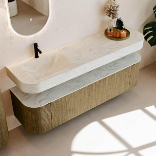 MONDIAZ THOR-DLUX Meuble de salle de bains 170cm arrondi gauche + droite couleur Dusk avec 1 tiroir et 2 portes. Vasque suspendue CLOUD Gauche 1 trou de robinet couleur Opalo.