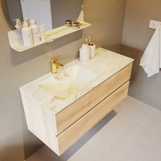 Mondiaz VICA-DLUX Ensemble de meuble de salle de bain - 110cm - meuble sous-vasque chêne blanchi - 2 tiroirs - lavabo encastré nuage gauche - 1 trou de robinet - version haute 60cm - frape