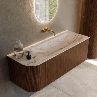 MONDIAZ KURVE-DLUX 125cm badmeubel ronding Links kleur Walnut met 1 lade en 1 deur. Wastafel BIG MEDIUM Rechts zonder kraangat Nata.