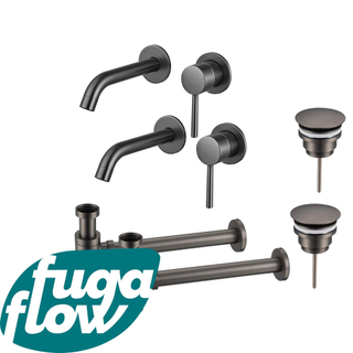 FugaFlow Eccelente Sobrado Badkamer Slim Wastafelkraanset - voor dubbele wastafel - inbouw wastafelkraan - always open plug - verlaagde design sifon - PVD Gepolijst Gunmetal