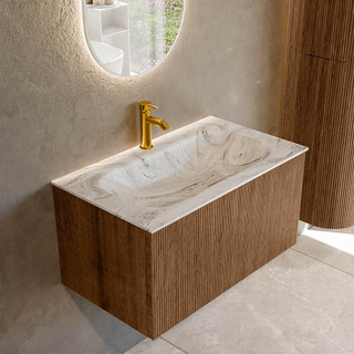 MONDIAZ KURVE-DLUX 80cm Meuble salle de bain - couleur Walnut - 1 tiroir - vasque BIG SMALL centre - 1 trou de robinet - couleur Glace