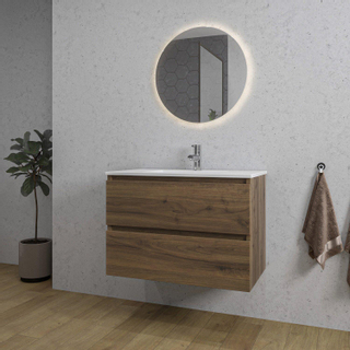 Adema Chaci Meuble salle de bain - 80x46x55cm - 1 vasque en céramique blanche- 1 trou de robinet - 2 tiroirs - miroir rond avec éclairage - Noyer