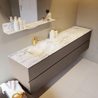 Mondiaz VICA-DLUX Ensemble de meuble de salle de bain - 200cm - meuble sous-vasque fumée - 4 tiroirs - lavabo encastré nuage gauche - 1 trou de robinet - version haute 60cm - glace