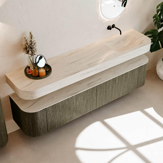 MONDIAZ THOR-DLUX 200cm meuble de salle de bains arrondi gauche + droite couleur Shadow avec 2 tiroirs et 2 portes. Vasque suspendue CLOUD Droite sans trou de robinet couleur Meli.