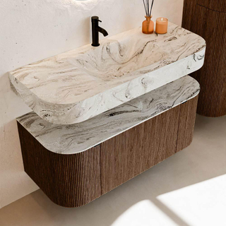 MONDIAZ THOR-DLUX Meuble de salle de bains - 110cm - arrondi gauche + droite - couleur Walnut - 1 tiroir et 2 portes - Vasque suspendue CLOUD Milieu 1 trou de robinet couleur Glace