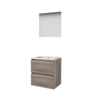 Basic-Line Ultimate 46 ensemble de meubles de salle de bain 60x46cm sans poignée 2 tiroirs lavabo en porcelaine 1 trou de robinetterie miroir éclairage mfc scotch oak