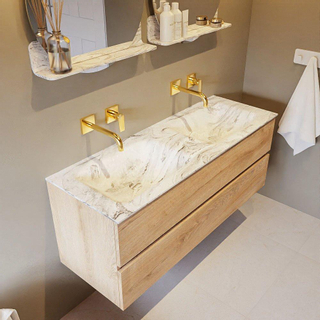 Mondiaz VICA-DLUX ensemble de meuble de salle de bain - 130cm - meuble sous-vasque chêne blanchi - 2 tiroirs - lavabo encastré cloud double - sans trous de robinet - version haute de 60cm - glace