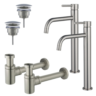 FugaFlow Eccelente Sobrado Slim Kit robinet lavabo - pour double vasque - robinet rehaussé - bonde non-obturable - siphon design bas - PVD