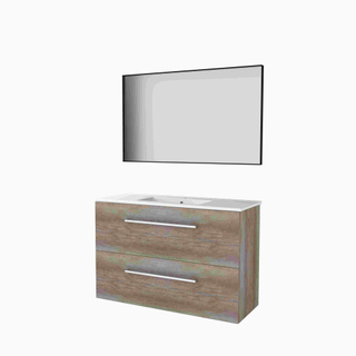 Basic-Line Framed 39 badkamermeubelset - 100x39cm - greeploos - 2 lades - porseleinen wastafel - 1 kraangat - Spiegel - mat zwart aluminium frame - rondom - MFC Scotch Oak