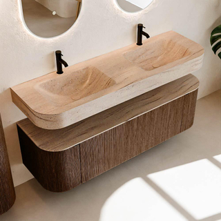 MONDIAZ THOR-DLUX 150cm meuble de salle de bains arrondi gauche + droite couleur Walnut avec 1 tiroir et 2 portes. Vasque suspendue CLOUD Double 2 trous de robinet couleur Saba.