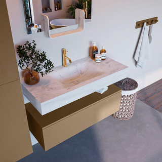 Mondiaz ALAN-DLUX Ensemble de meuble - 100cm - meuble Oro mat - 1 tiroir - Lavabo Cloud Opalo suspendu - vasque Centre - 1 trou de robinet