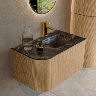 MONDIAZ KURVE-DLUX 75cm Meuble salle de bain avec module 25 G - couleur Oak - 1 tiroir - 1 porte - vasque GRUNNE droite - 1 trou de robinet - couleur Lava