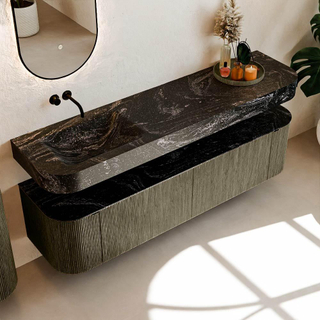 MONDIAZ THOR-DLUX 180cm meuble de salle de bains arrondi gauche + droite couleur Shadow avec 2 tiroirs et 2 portes. Vasque suspendue CLOUD gauche sans trou de robinet couleur Lava.