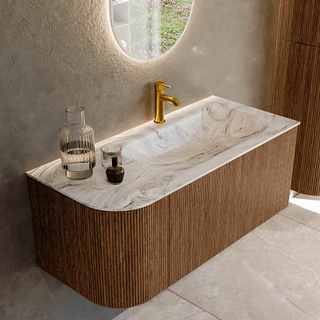 MONDIAZ KURVE-DLUX 105cm Meuble salle de bain avec module 25 G - couleur Walnut - 1 tiroir - 1 porte - vasque BIG SMALL droite - 1 trou de robinet - couleur Glace