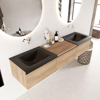MONDIAZ BUKLA meuble de salle de bain 180 cm avec module 60 couleur Chêne blanchi avec 3 tiroirs. Lavabo CLOUD double 0 trou de robinet couleur Urbaine.