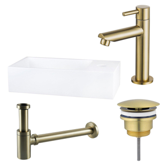 FortiFura Fuente Pack Lave-mains - 36x18.5x9cm - 1 trou de robinet - solid surface - robinet Laiton brossé - Blanc