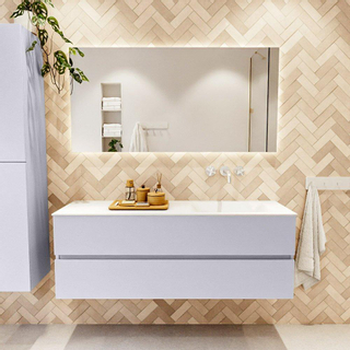 Mondiaz VICA ensemble de meuble de salle de bain - 140cm - meuble sous lavabo cale - 2 tiroirs - lavabo cloud droite - sans trous de robinet - couleur talc - miroir LED - version XL 60cm de haut