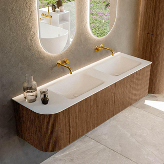 MONDIAZ KURVE 155cm Meuble salle de bain avec module 25 G - couleur Walnut - 2 tiroirs - 1 porte - vasque CLOUD double / droite - sans trous de robinet - Talc