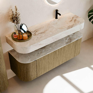 MONDIAZ THOR-DLUX Meuble de salle de bains 140cm arrondi gauche + droite couleur Dusk avec 1 tiroir et 2 portes. Vasque suspendue CLOUD Droite 1 trou de robinet couleur Frappe.