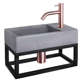 Differnz Force kit lave-mains - 40x22x8cm - Rectangulaire - 1 trou de robinet - Robinet en cuivre rose courbé - avec cadre noir - Gris béton