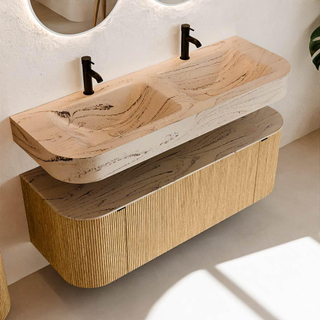 MONDIAZ THOR-DLUX 130cm meuble de salle de bains arrondi gauche + droite couleur Oak avec 1 tiroir et 2 portes. Vasque suspendue CLOUD Double 2 trous de robinet couleur Arena.