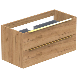 Thebalux Type onderbouwkast 100x45x50cm opbouwgreep messing 2 softclose lades standaard greep MDF/spaanderplaat beton zilver met wastafel taupe SHOWROOMMODEL