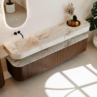 MONDIAZ THOR-DLUX Meuble de salle de bains - 200cm - arrondi gauche + droite - couleur Walnut - 2 tiroirs et 2 portes - Vasque suspendue CLOUD Gauche sans trou de robinet - couleur Frappe