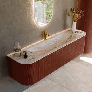 MONDIAZ KURVE-DLUX 170cm badmeubel ronding Links + Rechts kleur Ruby met 1 lade en 2 deuren. Wastafel BIG LARGE Midden 1 kraangat Nata.