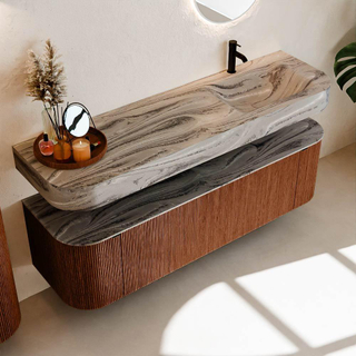 MONDIAZ THOR-DLUX 160cm meuble de salle de bains arrondi gauche + droite couleur Ruby avec 1 tiroir et 2 portes. Vasque suspendue CLOUD Droite 1 trou de robinet couleur Sombra.