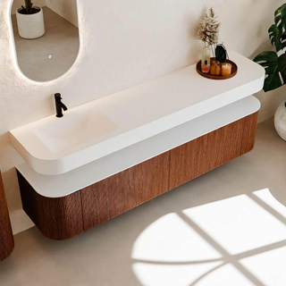 MONDIAZ THOR Meuble de salle de bains - 200cm - arrondi gauche + droite - couleur Ruby - 2 tiroirs et 2 portes - Vasque suspendue CLOUD Gauche 1 trou de robinet - couleur Talc