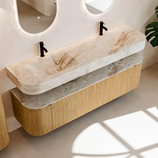 MONDIAZ THOR-DLUX 170cm meuble de salle de bains arrondi gauche + droite couleur Chêne avec 1 tiroir et 2 portes. Vasque suspendue CLOUD Double 2 trous de robinet couleur Frappe.