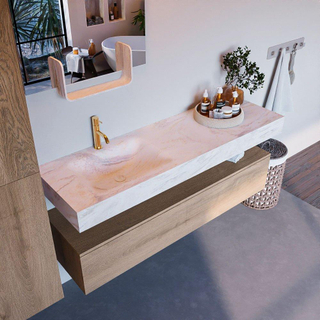 Mondiaz ALAN-DLUX Ensemble de meuble - 150cm - meuble Washed Oak mat - 1 tiroir - Lavabo Cloud Ostra suspendu - vasque Gauche - 1 trou de robinet