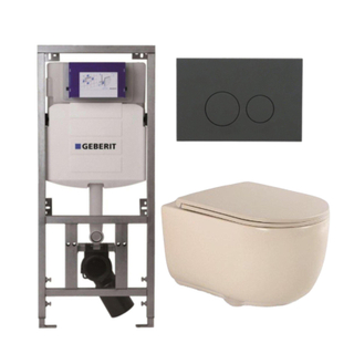 QeramiQ Dely Swirl Toiletset - 36.3x51.7cm - Geberit UP320 inbouwreservoir - met Burda frame - slim zitting - bedieningsplaat mat antraciet - ronde knoppen - beige