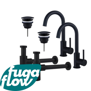 FugaFlow Eccelente Sobrado Badkamer Wastafelkraanset - voor dubbele wastafel - hoge wastafelkraan - draaibare uitloop - always open plug - design sifon - Mat zwart