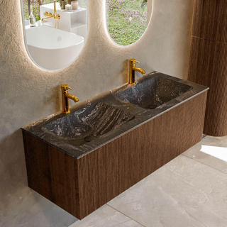 MONDIAZ KURVE-DLUX 120cm Meuble salle de bain - couleur Walnut - 1 tiroir - vasque LEAF double - 2 trous de robinet - couleur Lava