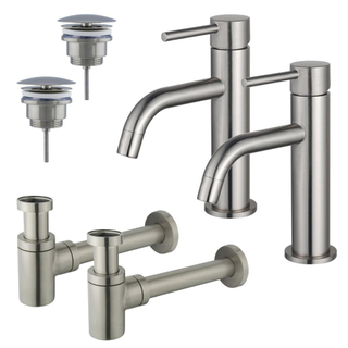 FugaFlow Eccelente Sobrado Slim Kit robinet lavabo - pour double vasque - robinet bas - bonde non-obturable - siphon design bas - Inox brossé PVD