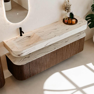 MONDIAZ THOR-DLUX 180cm meuble de salle de bains arrondi gauche + droite couleur Walnut avec 2 tiroirs et 2 portes. Vasque suspendue CLOUD Gauche 1 trou de robinet couleur Nata.