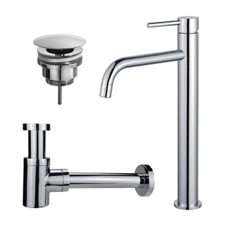 FugaFlow Eccelente Sobrado Slim Slim Kit mitigeur lavabo - robinet rehaussé - bonde non-obturable - siphon design bas - Chrome brillant